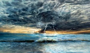 Storm with lightening over the ocean